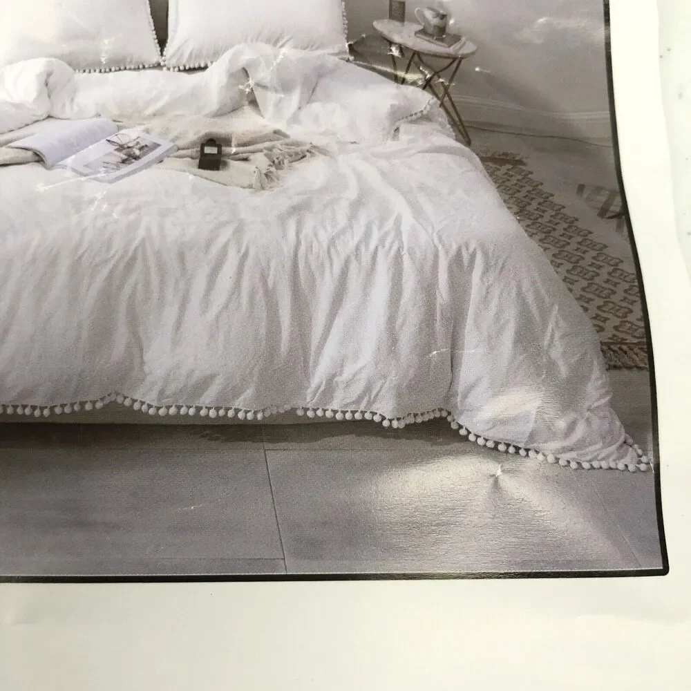 JANZAA DUVET COVER Sham Queen White Pom Ball Zipper Polyester Bed Bedroom
